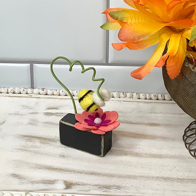 Pollinators/Bee with Coral Flower on Painted Wood Base