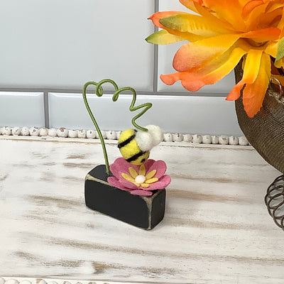Pollinators/Bee with Rose-Pink Flower on Painted Wood Base