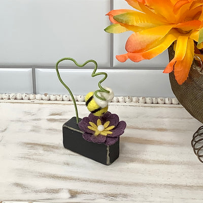 Pollinators/Bee with Eggplant Flower on Painted Wood Base