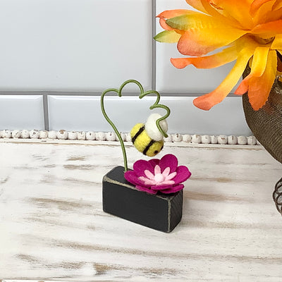 Pollinators/Bee with Fuschia Flower on Painted Wood Base