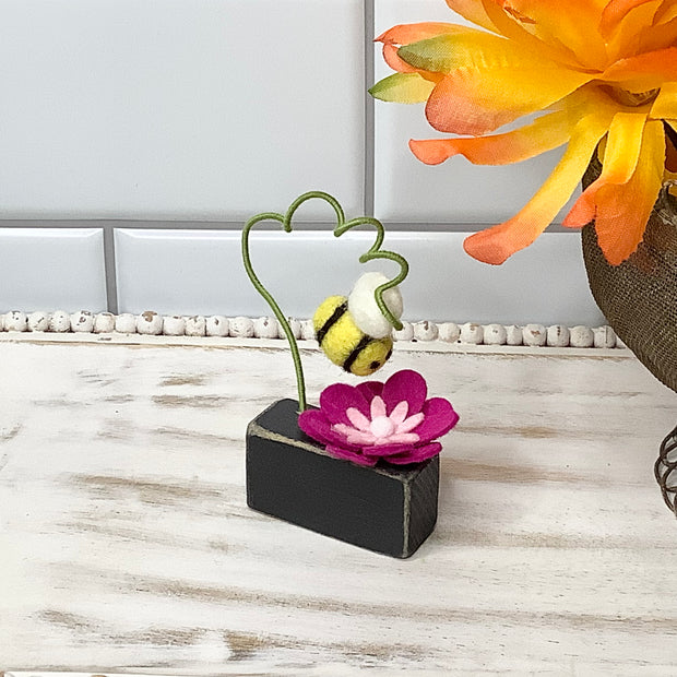 Pollinators/Bee with Fuschia Flower on Painted Wood Base