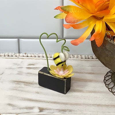 Pollinators/Bee with Yellow Flower on Painted Wood Base