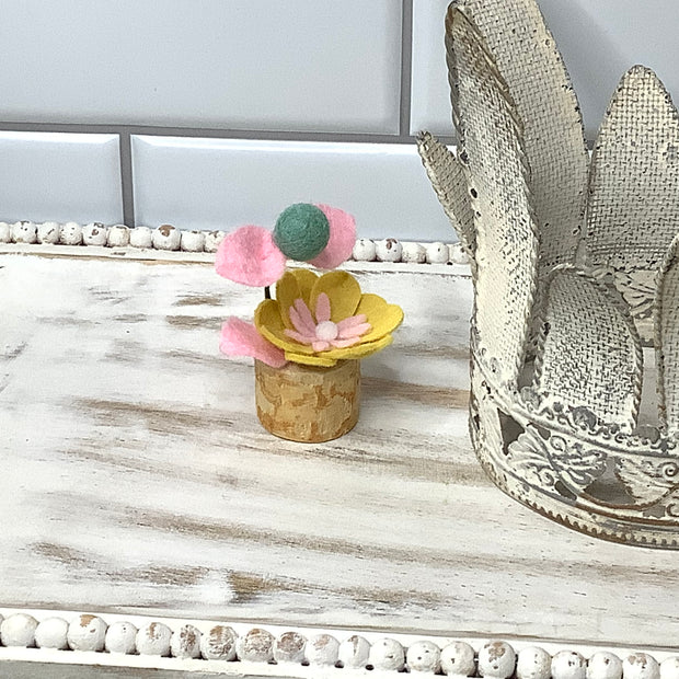 Pink & Yellow Mini Flower Garden on Natural Wood Base