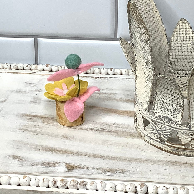 Pink & Yellow Mini Flower Garden on Natural Wood Base