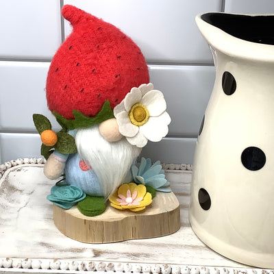 Strawberry Gnome Boy & Flora on Natural Wood Base