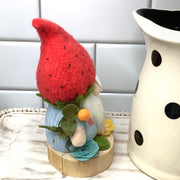 Strawberry Gnome Boy & Flora on Natural Wood Base