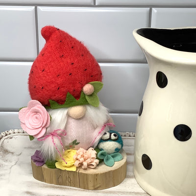 Strawberry Gnome Girl, Froggy & Flora on Natural Wood Base