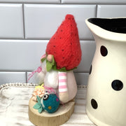 Strawberry Gnome Girl, Froggy & Flora on Natural Wood Base