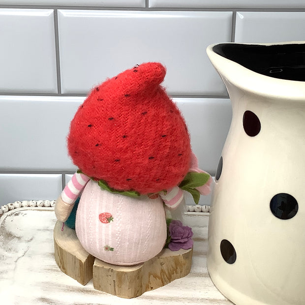 Strawberry Gnome Girl, Froggy & Flora on Natural Wood Base
