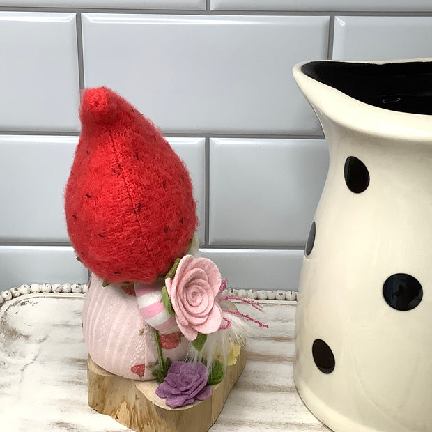 Strawberry Gnome Girl, Froggy & Flora on Natural Wood Base