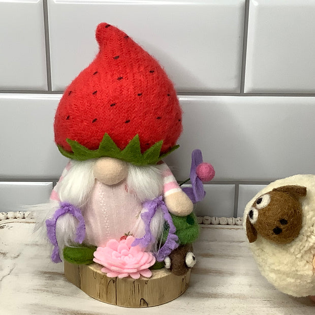 Strawberry Gnome Girl, Turtle & Flora on Natural Wood Base