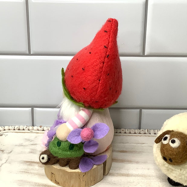 Strawberry Gnome Girl, Turtle & Flora on Natural Wood Base