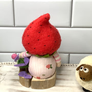 Strawberry Gnome Girl, Turtle & Flora on Natural Wood Base