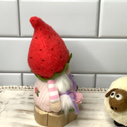 Strawberry Gnome Girl, Turtle & Flora on Natural Wood Base