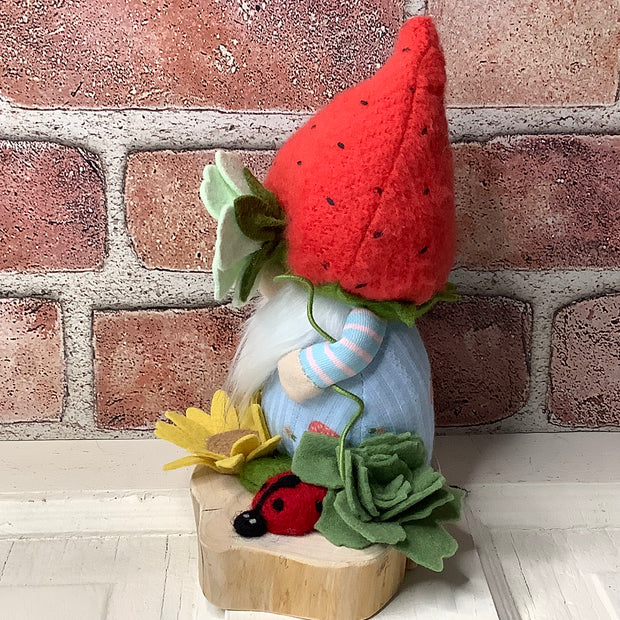 Strawberry Gnome Boy, LadyBug & Flora on Natural Wood Base