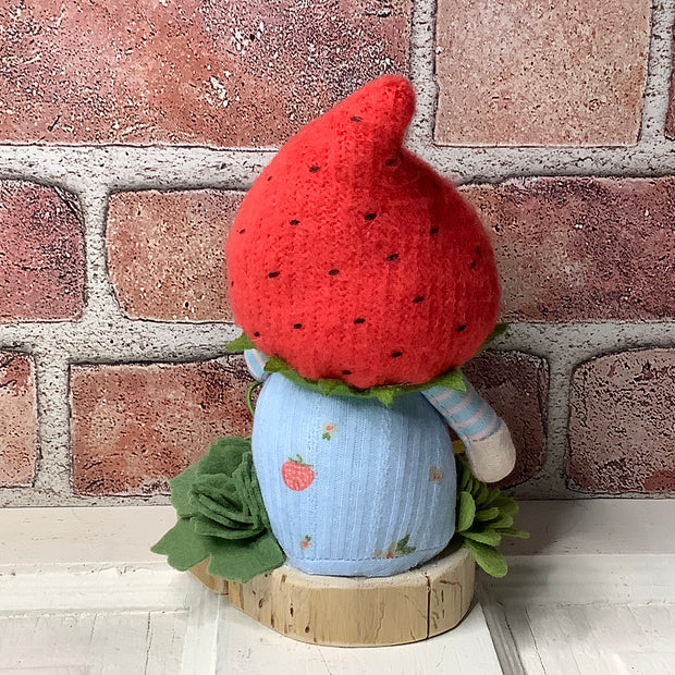Strawberry Gnome Boy, LadyBug & Flora on Natural Wood Base