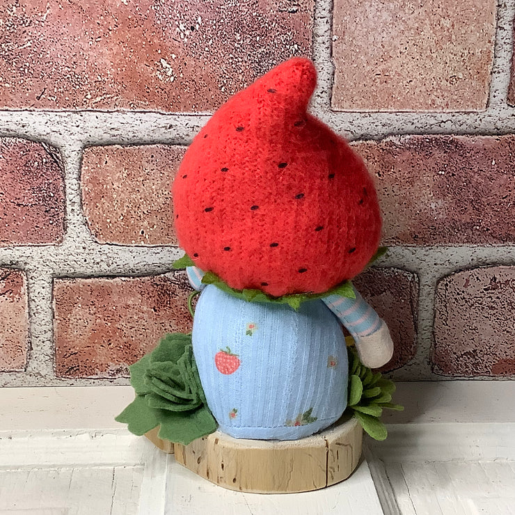 Strawberry Gnome Boy, LadyBug & Flora on Natural Wood Base