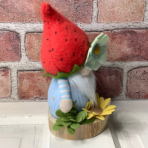 Strawberry Gnome Boy, LadyBug & Flora on Natural Wood Base
