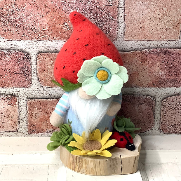 Strawberry Gnome Boy, LadyBug & Flora on Natural Wood Base