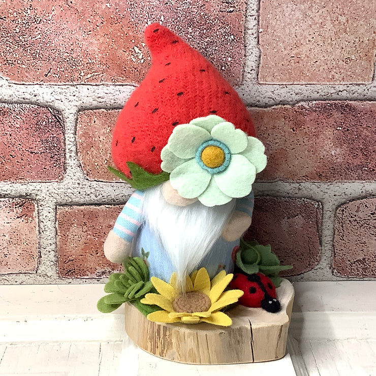 Strawberry Gnome Boy, LadyBug & Flora on Natural Wood Base