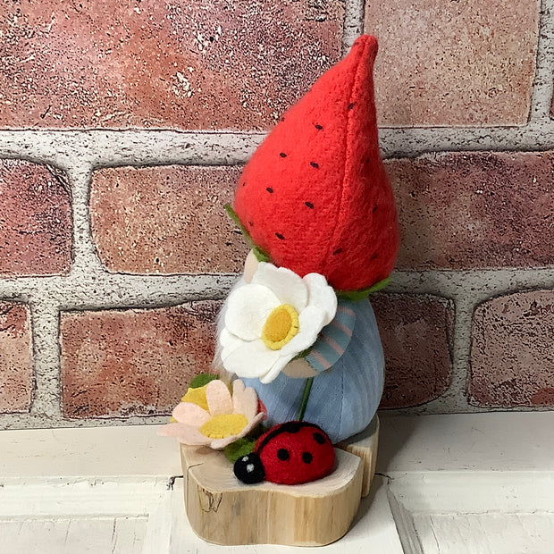Strawberry Gnome Boy, LadyBug & Flora on Natural Wood Base