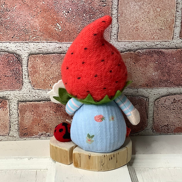 Strawberry Gnome Boy, LadyBug & Flora on Natural Wood Base