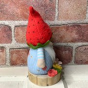 Strawberry Gnome Boy, LadyBug & Flora on Natural Wood Base