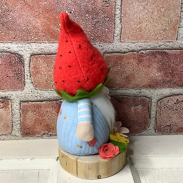 Strawberry Gnome Boy, LadyBug & Flora on Natural Wood Base