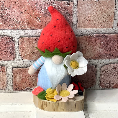 Strawberry Gnome Boy, LadyBug & Flora on Natural Wood Base