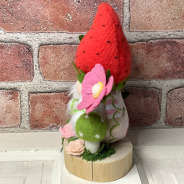 Strawberry Hat Gnome Girl, Mushroom & Flora on Natural Wood Base