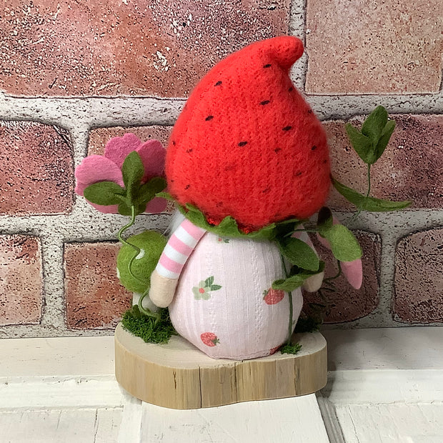 Strawberry Hat Gnome Girl, Mushroom & Flora on Natural Wood Base