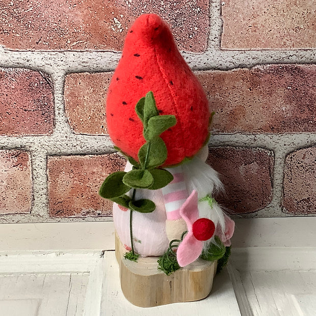 Strawberry Hat Gnome Girl, Mushroom & Flora on Natural Wood Base