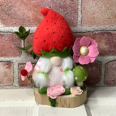 Strawberry Hat Gnome Girl, Mushroom & Flora on Natural Wood Base