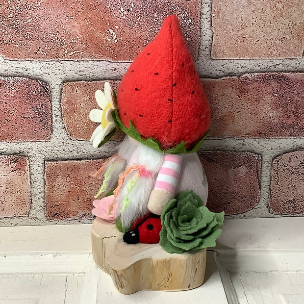 Strawberry Hat Gnome Girl, LadyBug & Flora on Natural Wood Base