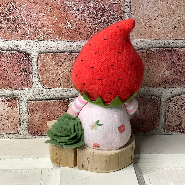 Strawberry Hat Gnome Girl, LadyBug & Flora on Natural Wood Base