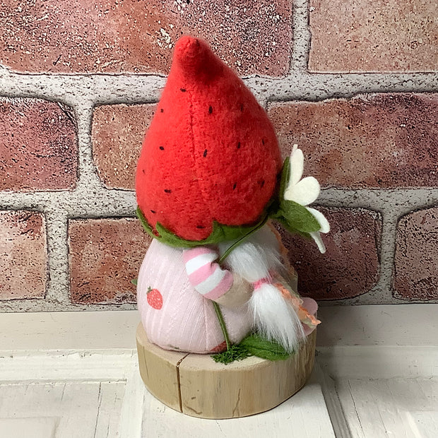 Strawberry Hat Gnome Girl, LadyBug & Flora on Natural Wood Base
