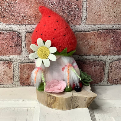 Strawberry Hat Gnome Girl, LadyBug & Flora on Natural Wood Base
