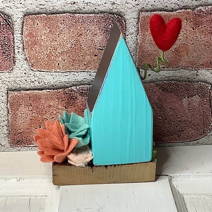 Turquoise Mini House with Heart Chimney and Garden