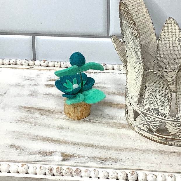 Teal & Turquoise Mini Flower Garden on Natural Wood Base