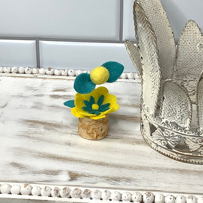 Teal & Yellow Mini Flower Garden on Natural Wood Base
