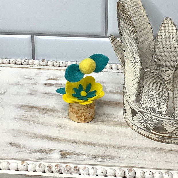 Teal & Yellow Mini Flower Garden on Natural Wood Base