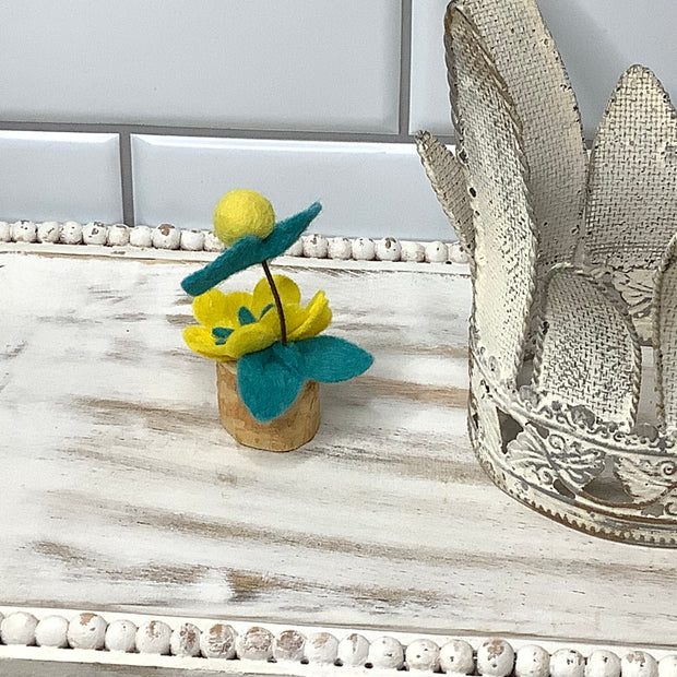Teal & Yellow Mini Flower Garden on Natural Wood Base