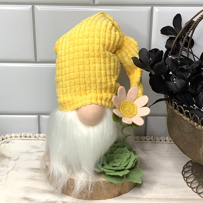 Yellow Chenille Gnome & Flora on Natural Wood Base