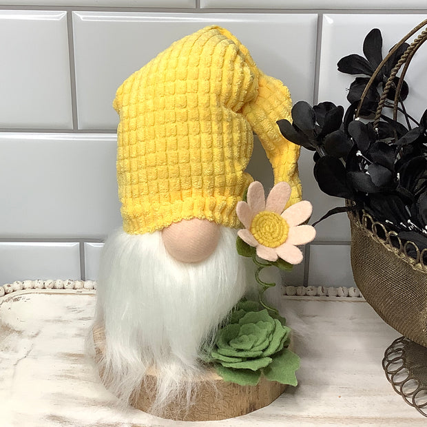Yellow Chenille Gnome & Flora on Natural Wood Base