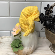 Yellow Chenille Gnome & Flora on Natural Wood Base