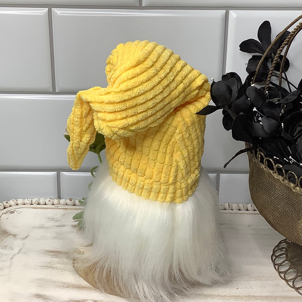 Yellow Chenille Gnome & Flora on Natural Wood Base