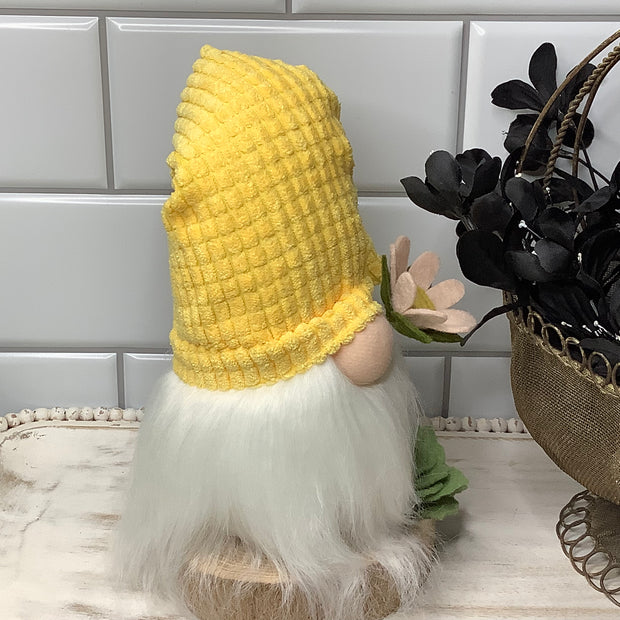 Yellow Chenille Gnome & Flora on Natural Wood Base
