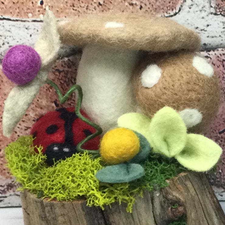 2 Burlap Wooly Mushrooms, LadyBug & Buds on Natural Tree Stump