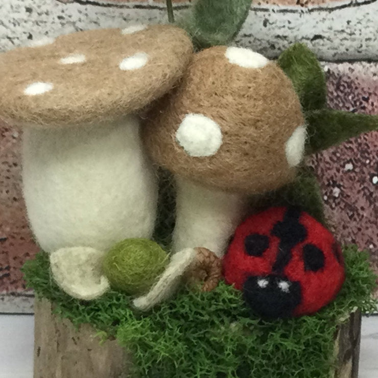 2 Burlap Wooly Mushrooms, LadyBug & Buds on Natural Tree Stump