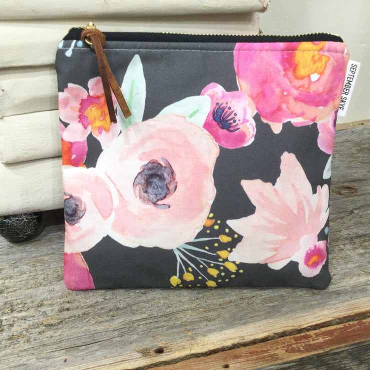 Grey Pink Florals/Med Cotton Zip Bag by September Skye